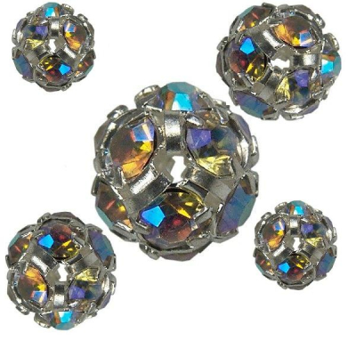 šatonové kuličky, 8mm, 12 ks, krystal AB/střibrná galvanizace